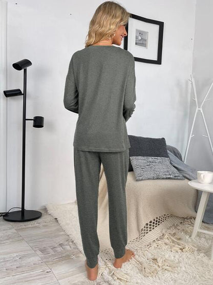 Round Neck Top and Drawstring Pants Lounge Set - Estora_Online