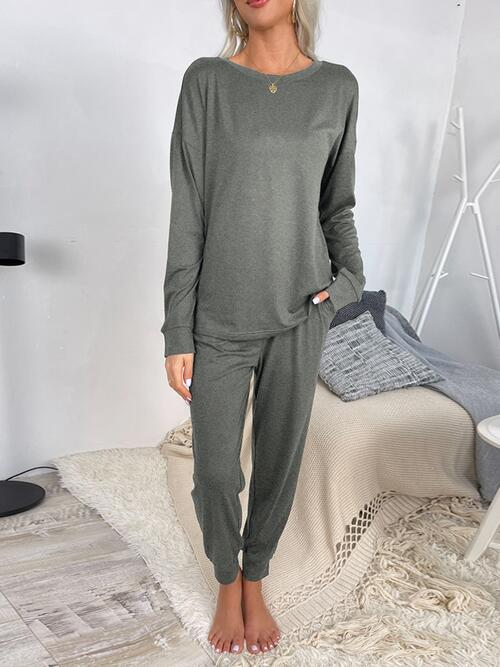 Round Neck Top and Drawstring Pants Lounge Set - Estora_Online