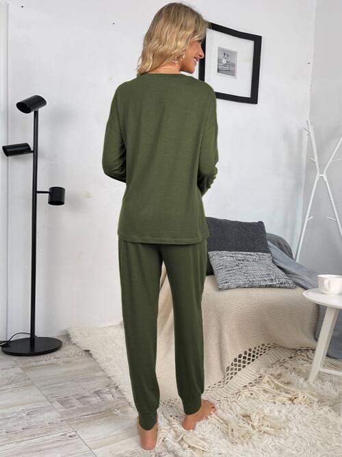 Round Neck Top and Drawstring Pants Lounge Set - Estora_Online