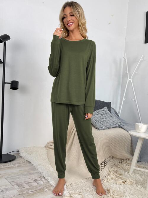 Round Neck Top and Drawstring Pants Lounge Set - Estora_Online