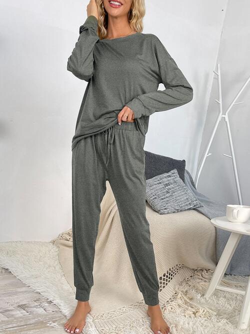 Round Neck Top and Drawstring Pants Lounge Set - Estora_Online