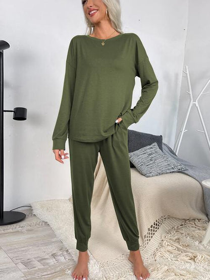 Round Neck Top and Drawstring Pants Lounge Set - Estora_Online