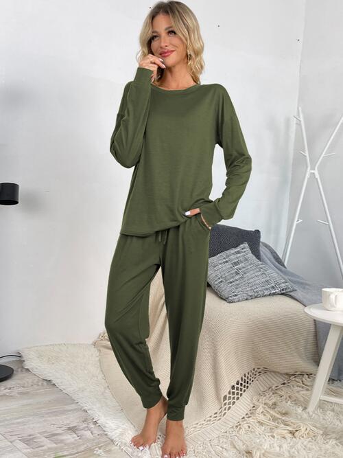 Round Neck Top and Drawstring Pants Lounge Set - Estora_Online