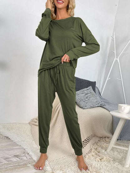 Round Neck Top and Drawstring Pants Lounge Set - Estora_Online