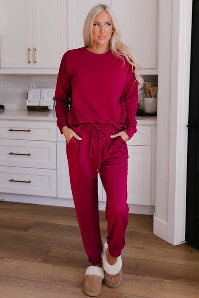 Round Neck Top and Drawstring Pants Lounge Set - Estora_Online