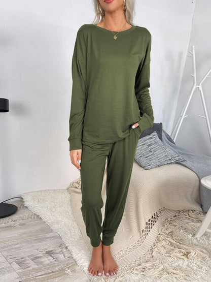 Round Neck Top and Drawstring Pants Lounge Set - Estora_Online