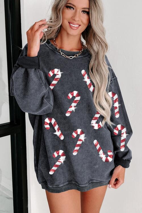 Sequin Candy Cane Round Neck Sweatshirt - Estora_Online