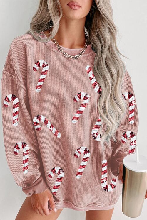 Sequin Candy Cane Round Neck Sweatshirt - Estora_Online