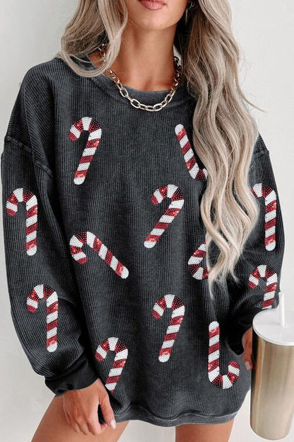 Sequin Candy Cane Round Neck Sweatshirt - Estora_Online