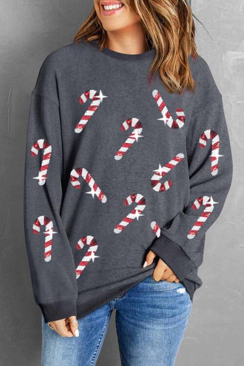 Sequin Candy Cane Round Neck Sweatshirt - Estora_Online