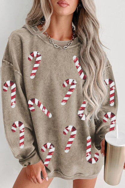 Sequin Candy Cane Round Neck Sweatshirt - Estora_Online