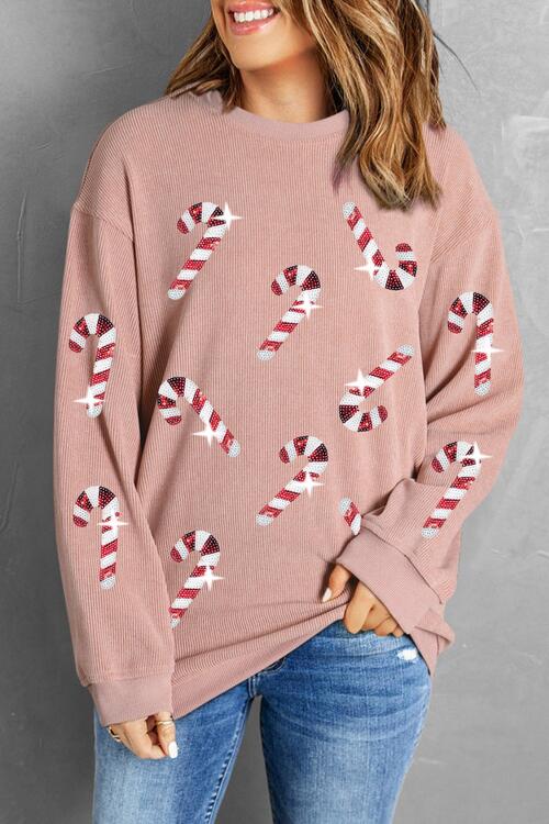 Sequin Candy Cane Round Neck Sweatshirt - Estora_Online