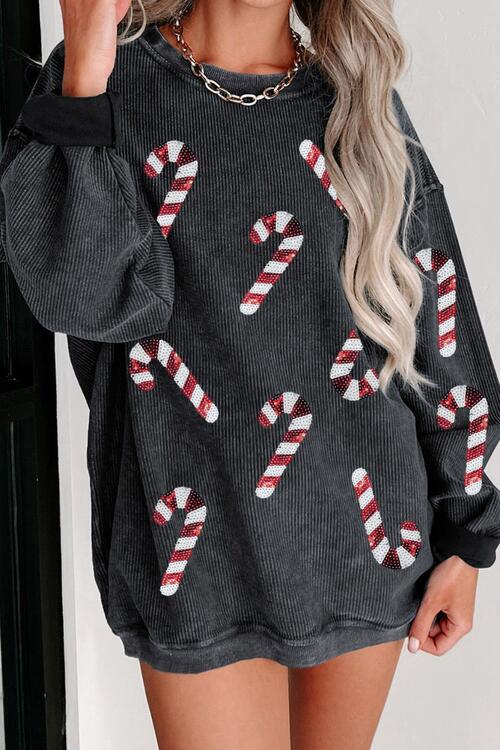 Sequin Candy Cane Round Neck Sweatshirt - Estora_Online