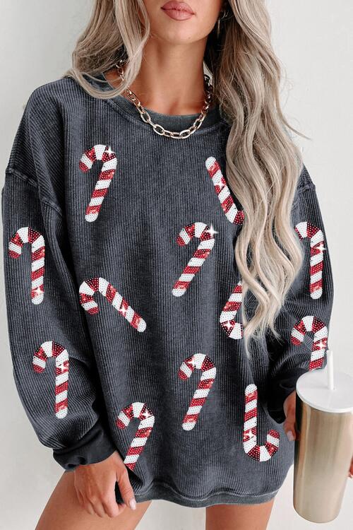 Sequin Candy Cane Round Neck Sweatshirt - Estora_Online