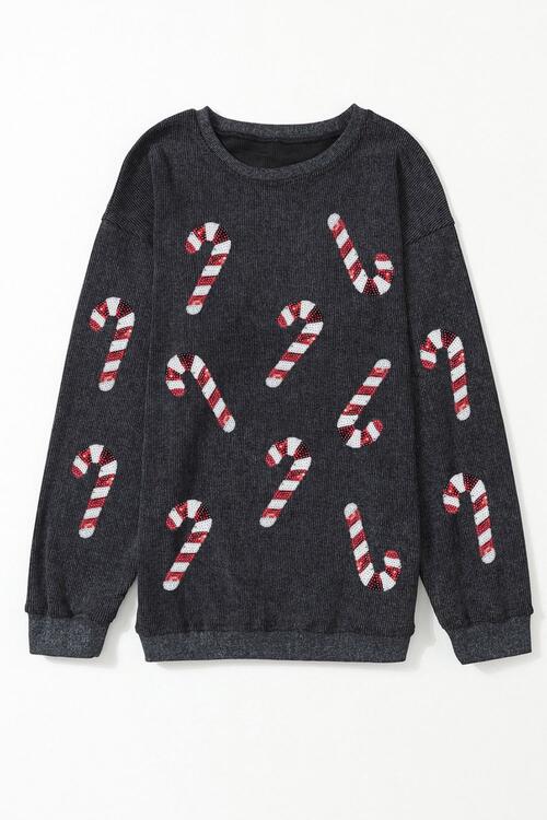 Sequin Candy Cane Round Neck Sweatshirt - Estora_Online