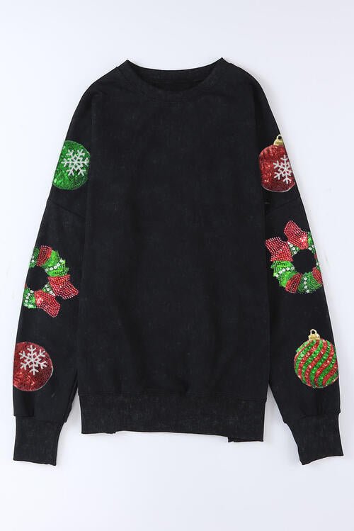 Sequin Christmas Element Round Neck Slit Sweatshirt - Estora_Online