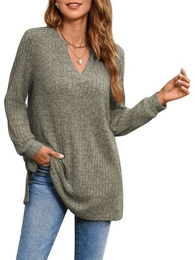 Slit Notched Pocketed Long Sleeve T-Shirt - Estora_Online