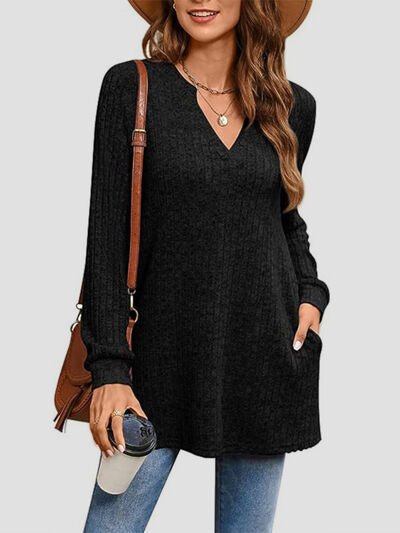 Slit Notched Pocketed Long Sleeve T-Shirt - Estora_Online