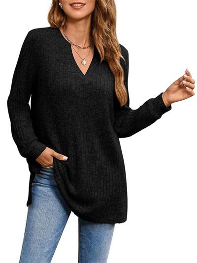 Slit Notched Pocketed Long Sleeve T-Shirt - Estora_Online