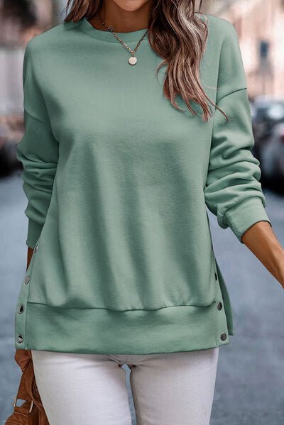 Snap Detail Round Neck Dropped Shoulder Sweatshirt - Estora_Online