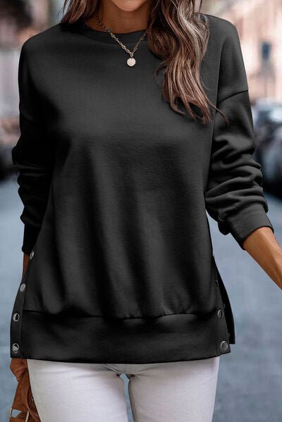 Snap Detail Round Neck Dropped Shoulder Sweatshirt - Estora_Online