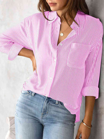 Striped Collared Neck Shirt with Pocket - Estora_Online