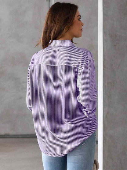 Striped Collared Neck Shirt with Pocket - Estora_Online