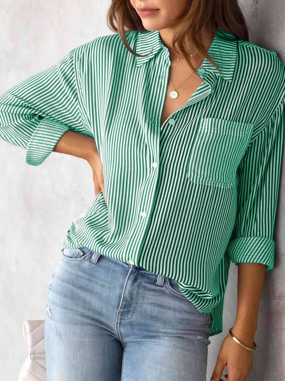 Striped Collared Neck Shirt with Pocket - Estora_Online