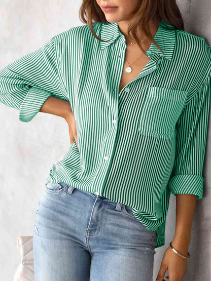 Striped Collared Neck Shirt with Pocket - Estora_Online