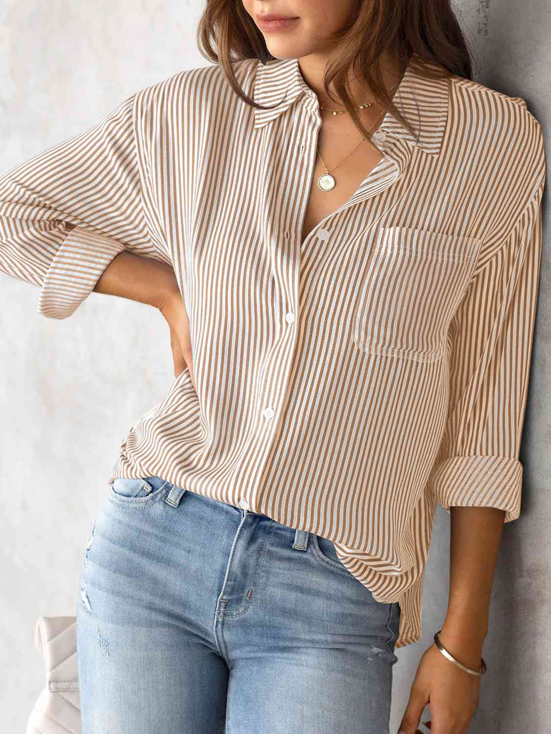 Striped Collared Neck Shirt with Pocket - Estora_Online