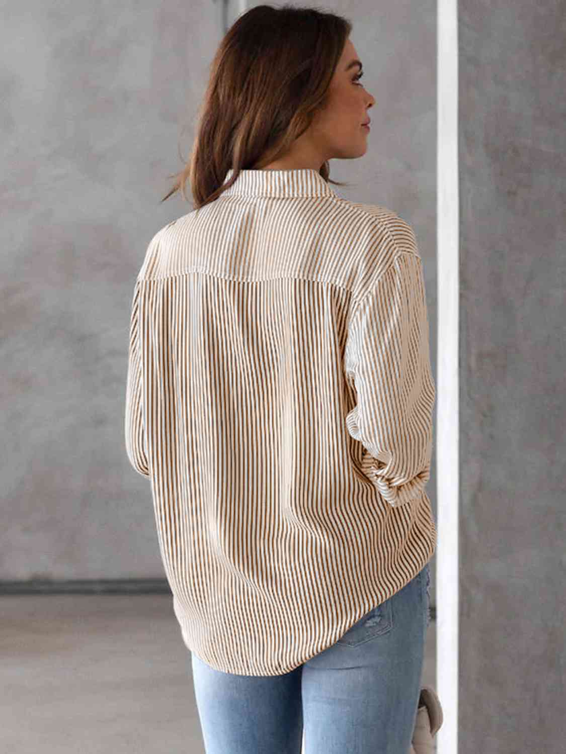 Striped Collared Neck Shirt with Pocket - Estora_Online