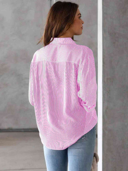 Striped Collared Neck Shirt with Pocket - Estora_Online