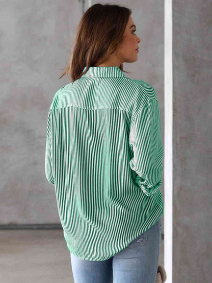 Striped Collared Neck Shirt with Pocket - Estora_Online