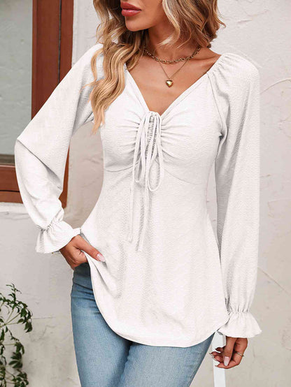 Tie Front V-Neck Puff Sleeve Blouse - Estora_Online