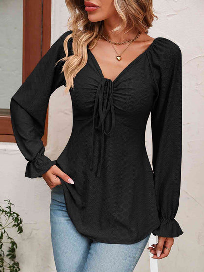 Tie Front V-Neck Puff Sleeve Blouse - Estora_Online