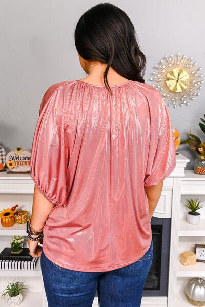 Tie Neck Metallic Half Sleeve T-Shirt - Estora_Online