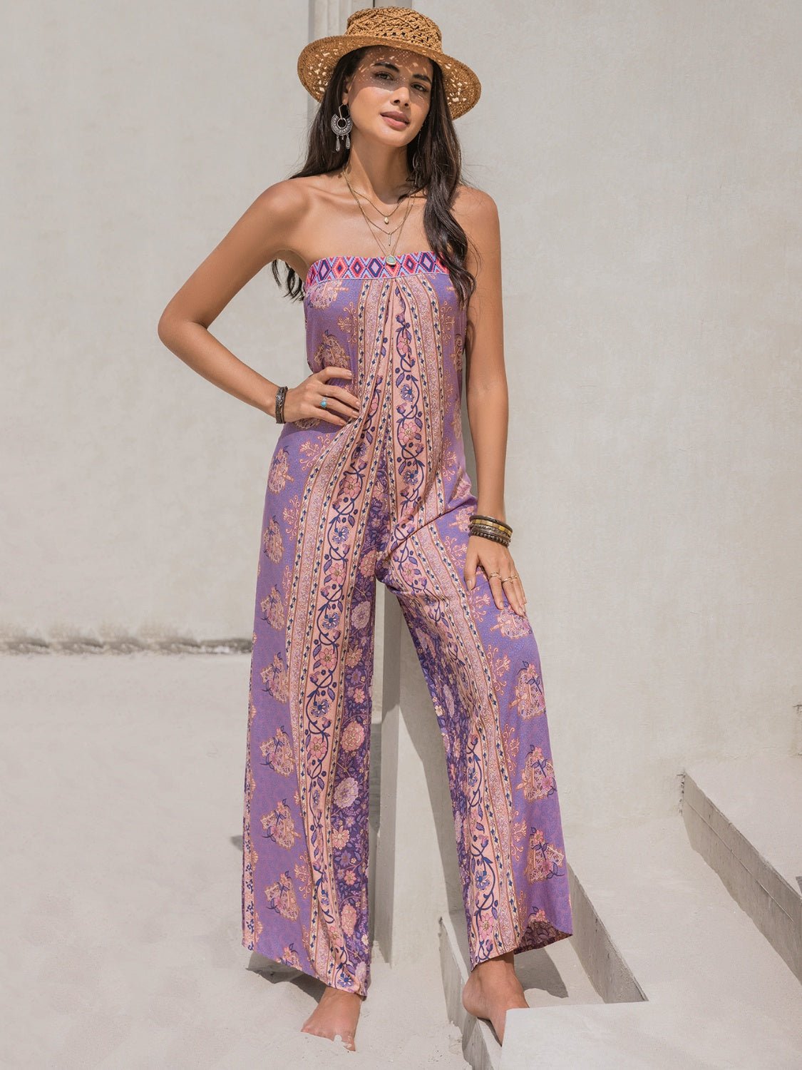 Tied Printed Tube Wide Leg Jumpsuit - Estora_Online