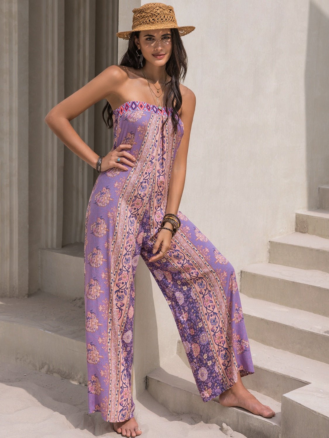 Tied Printed Tube Wide Leg Jumpsuit - Estora_Online