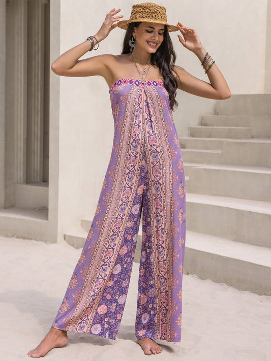 Tied Printed Tube Wide Leg Jumpsuit - Estora_Online