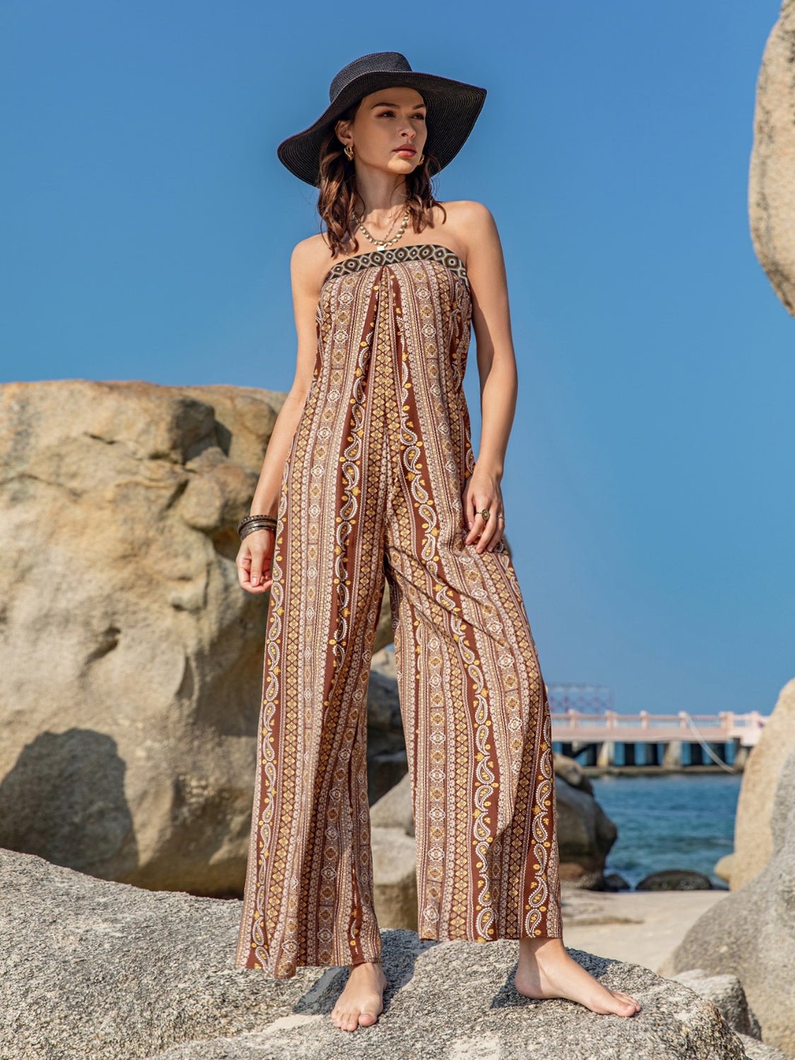 Tied Printed Tube Wide Leg Jumpsuit - Estora_Online