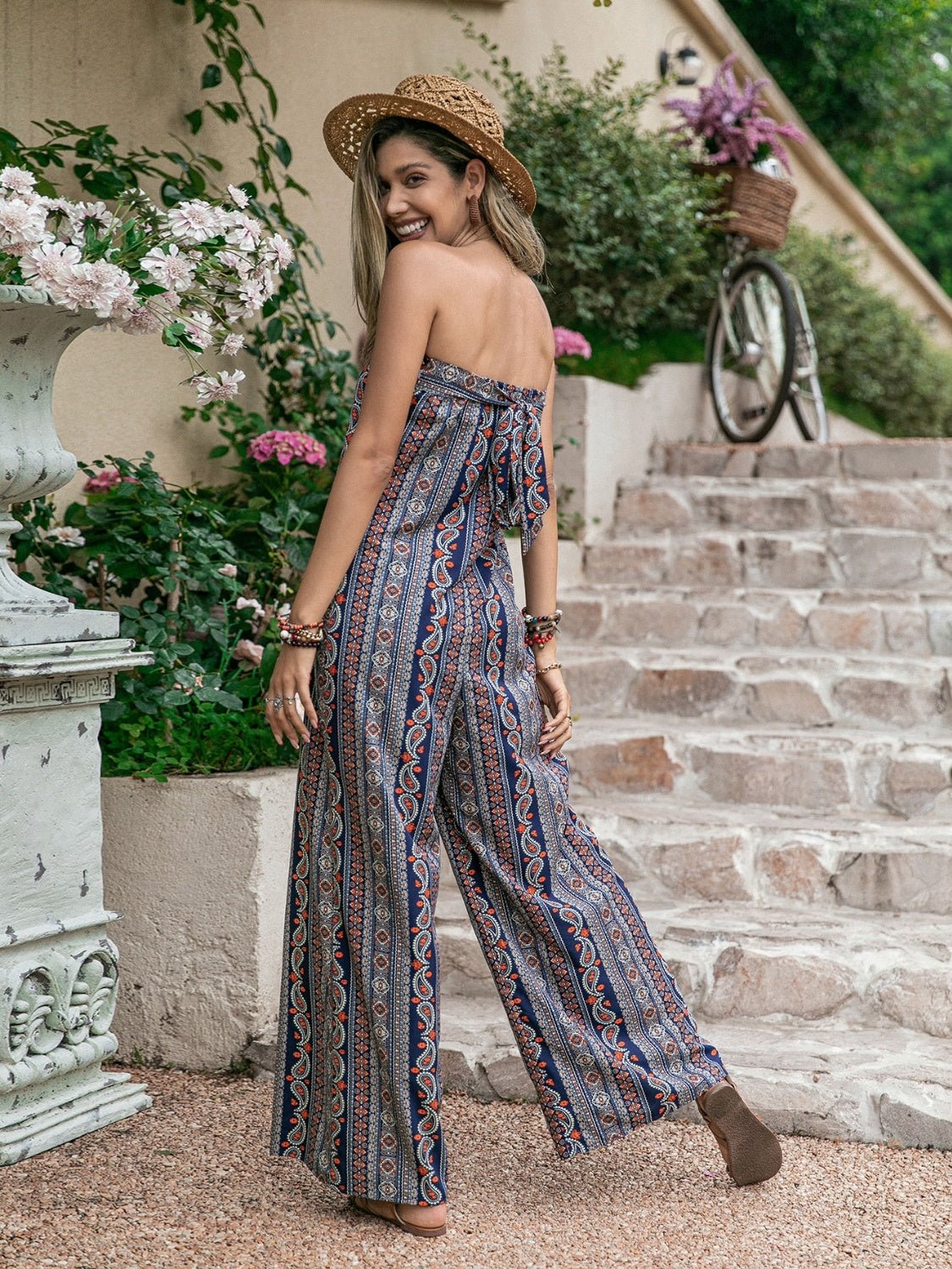 Tied Printed Tube Wide Leg Jumpsuit - Estora_Online