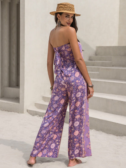 Tied Printed Tube Wide Leg Jumpsuit - Estora_Online