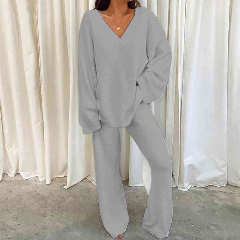 V-Neck Long Sleeve Top and Long Pants Set - Estora_Online