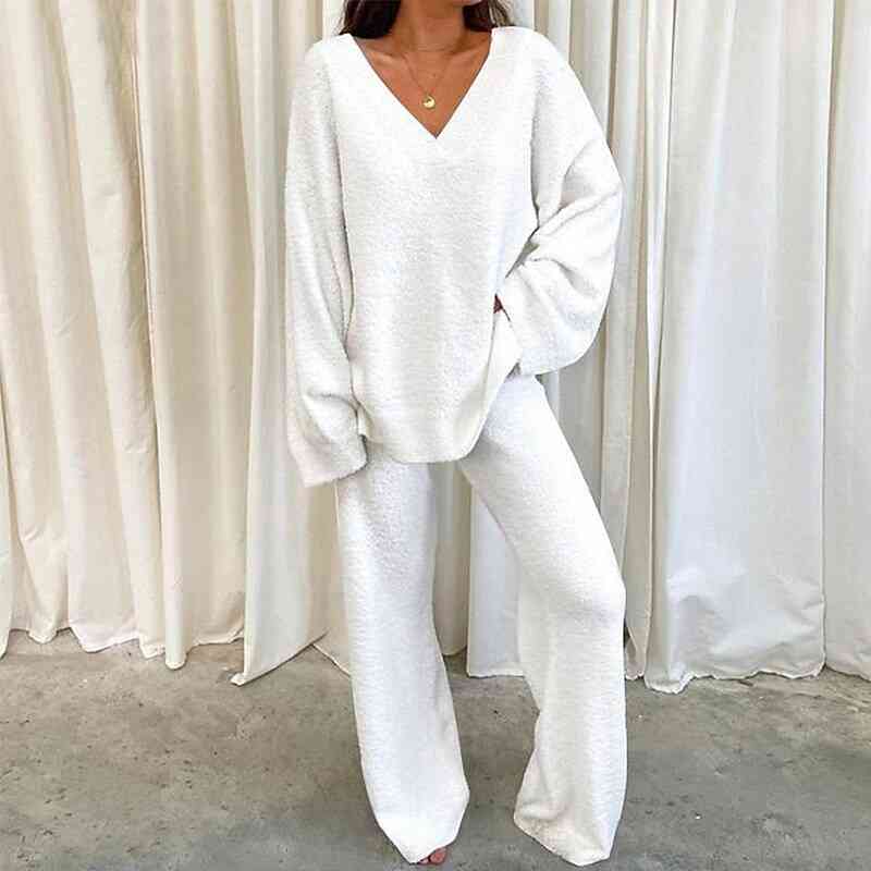 V-Neck Long Sleeve Top and Long Pants Set - Estora_Online