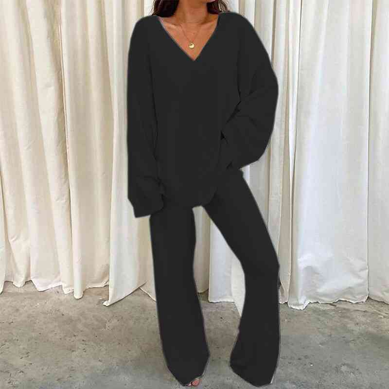 V-Neck Long Sleeve Top and Long Pants Set - Estora_Online